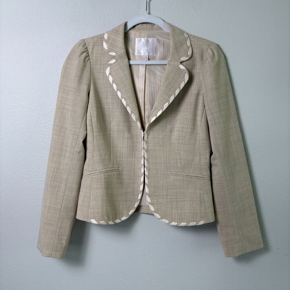 Rebecca Taylor Blazer Womens 6 Tan Lace Detail Hook Eye Long Sleeve Wool Blend